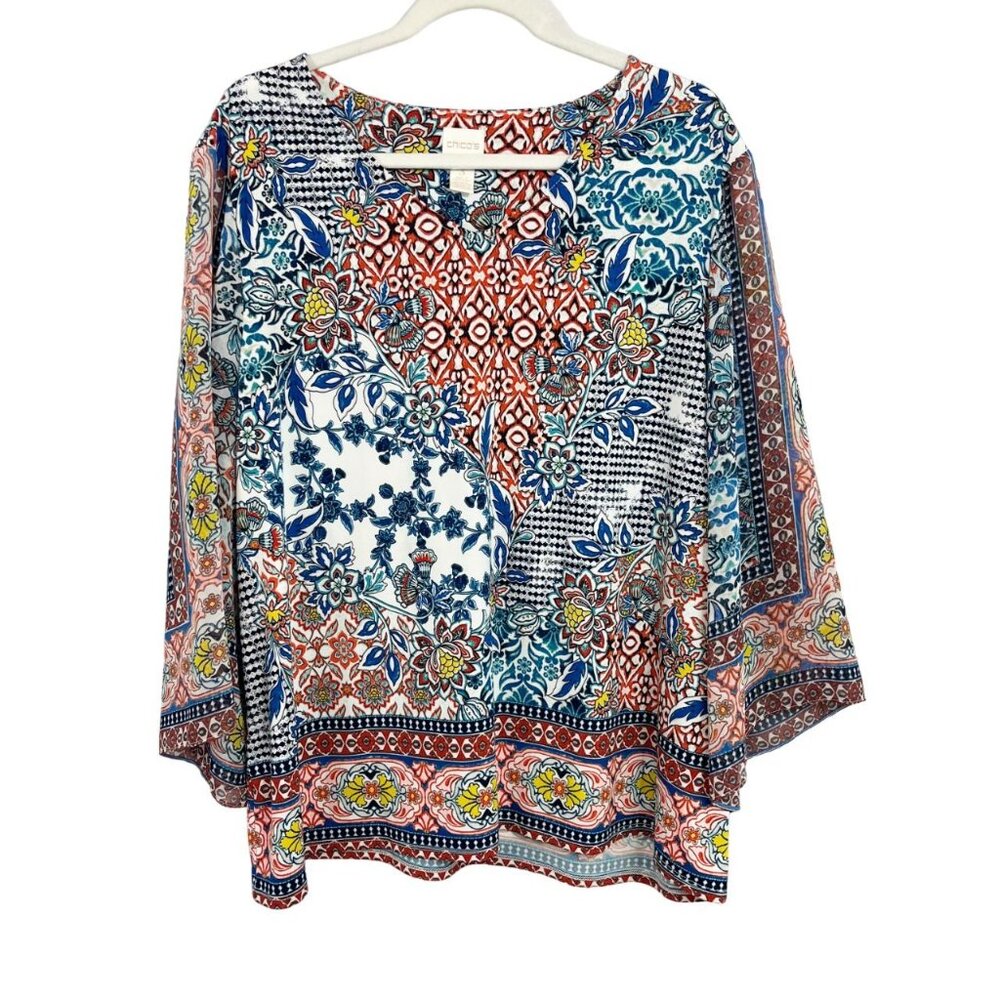 Chico's Florentine Tile Blouse V-Neck Multicolor Flowy Sleeves Size 3, XL